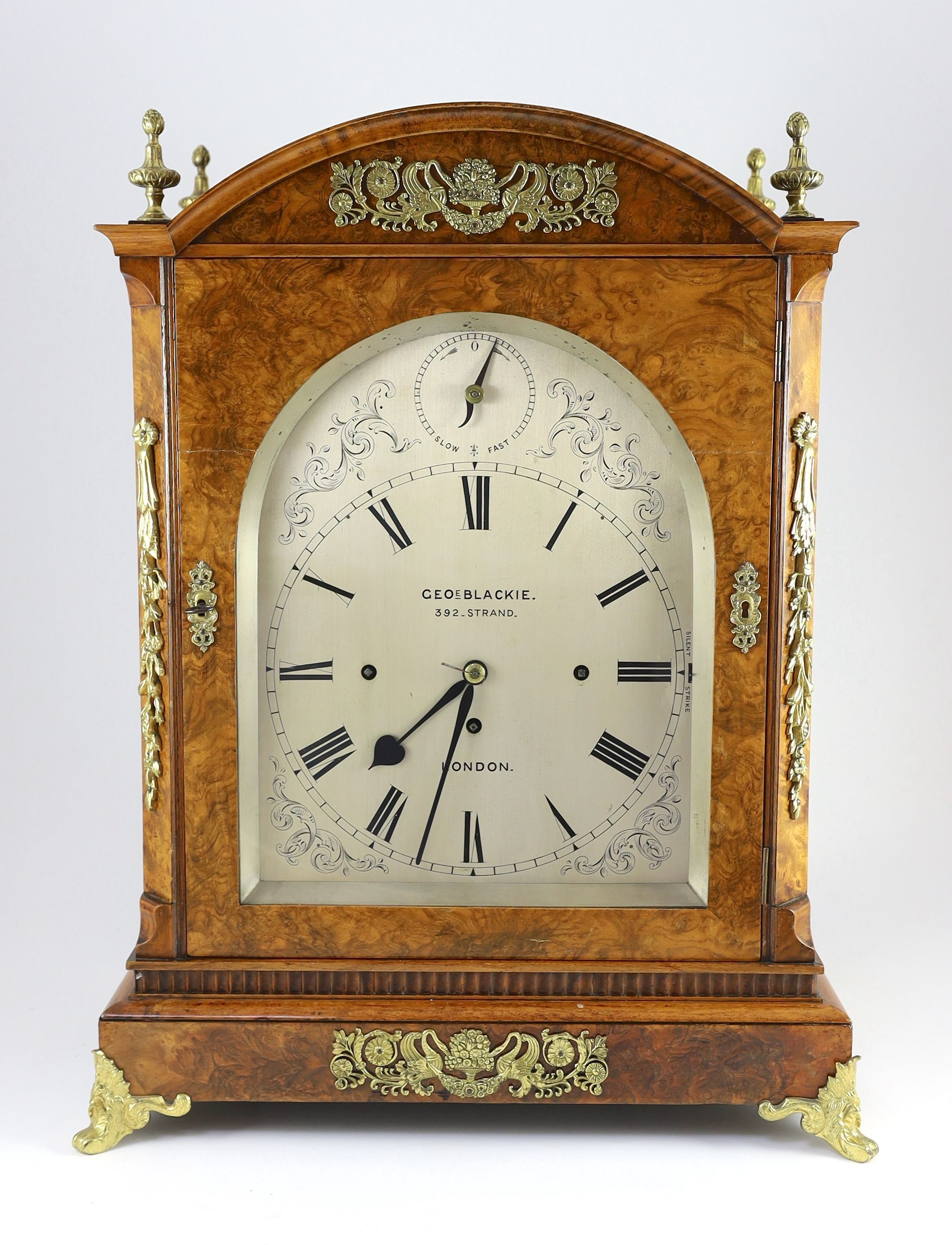 George Blackie, 392 Strand, London. A late Victorian figured walnut repeating chiming bracket clock, width 44cm, depth 26cm, height 57cm